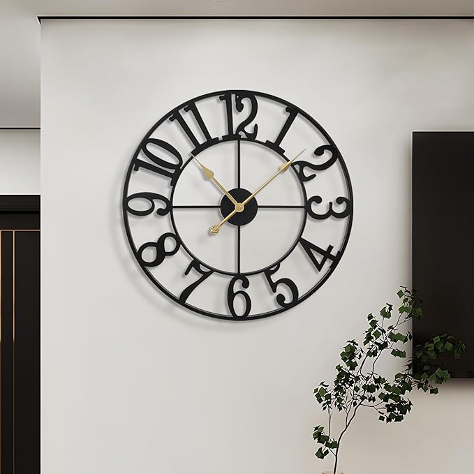 LEIKE Large Wall Clocks,Silent,Non Ticking,Battery Operated Rustic Round Modern Big Metal Wall Clock for Living Room, Bedroom,Kitchen,Farmhouse,Office,Home Decor-16 Inch(Black-Arabic Number)