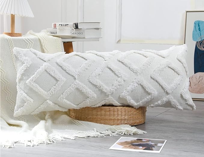 Diamond Pattern Extra Long Pillow Covers 14 x 36,Plush Chenille Decorative Long Lumbar Pillow Covers Pillow Case Cushion Case for Sofa Couch Bed Livingroom Farmhouse,Modern Boho,Cream White