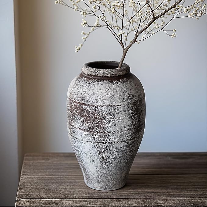 Antique Brown Ceramic Flower Vase for Living Room Bedroom 9.06'' Farmhouse Decor for Bouquet Fake Plant Home Decor Office Table Shelf Fireplace Centerpieces Rustic Retro Vintage Classic Modern