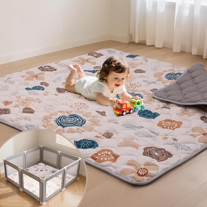 Baby Play Mat for Floor,50x50 Inch Soft Padding Crawling Mat for Playpen, Foldable and Machine Washable, Thick for Babies & Toddlers,Boho Flower
