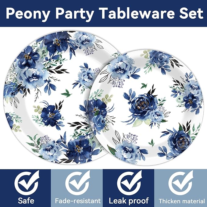 96 Pcs Peony Party Plates Napkins Tableware Set Blue Flower Supplies Disposable Dinnerware Navy Floral Party Decoration Favors for Summer Holiday Wedding Bridal Baby Shower Birthday, 24 Guests
