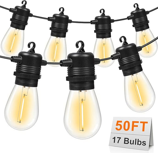 50FT LED Outdoor String Lights with 17 Shatterproof Waterproof S14 Replaceable Bulbs(2 Spare), 2700K Commercial Grade Patio Lights, Outside Hanging Light for Yard Garden Porch Deck Decor