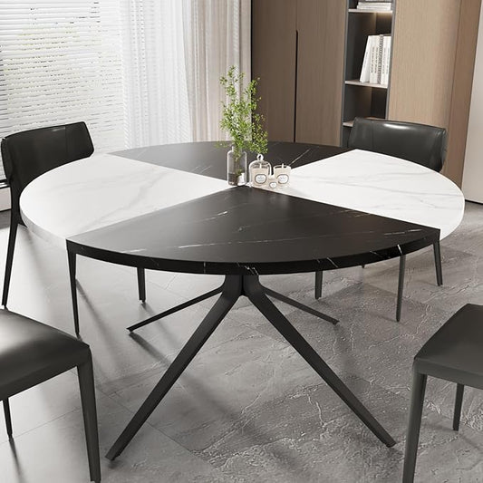 VOWNER Modern Round Dining Table for 4-6 People, 47 Inches Wood Kitchen Table, Dining Room Table with Metal Legs, Circle Coffee Dining Room for Living Room, Home, Apartment, Black and White