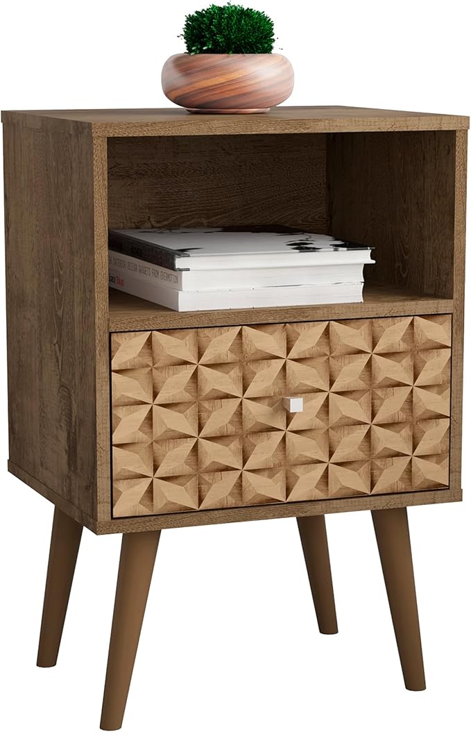 Manhattan Comfort Liberty Mid Century Modern Nightstand with Drawer and Cubby, Bedside Table for Bedroom and Living Room, Night Stand Accent Decor, Easy Assembly, Brown/Brown