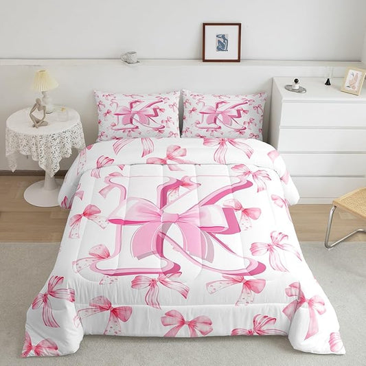 jejeloiu Kids Girls Cute Pink Bow Comforter Set Toddler Size Monogrammed Bedding Set Ultra Soft Personalized Initial K Duvet Quilt Coquette Bow Knot Quilt Set Room Decor Modern Fashion Comforter