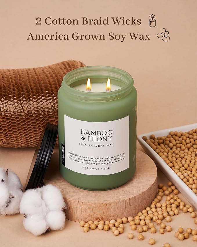 M&SENSE Bamboo Peony Spring Large Candles for Home Scented 19.4oz 110 Hour Long Lasting Burn Natural Organic Soy Candle Gifts for Women, Fresh Smelling Aromatherapy Gifts for Stress Relief