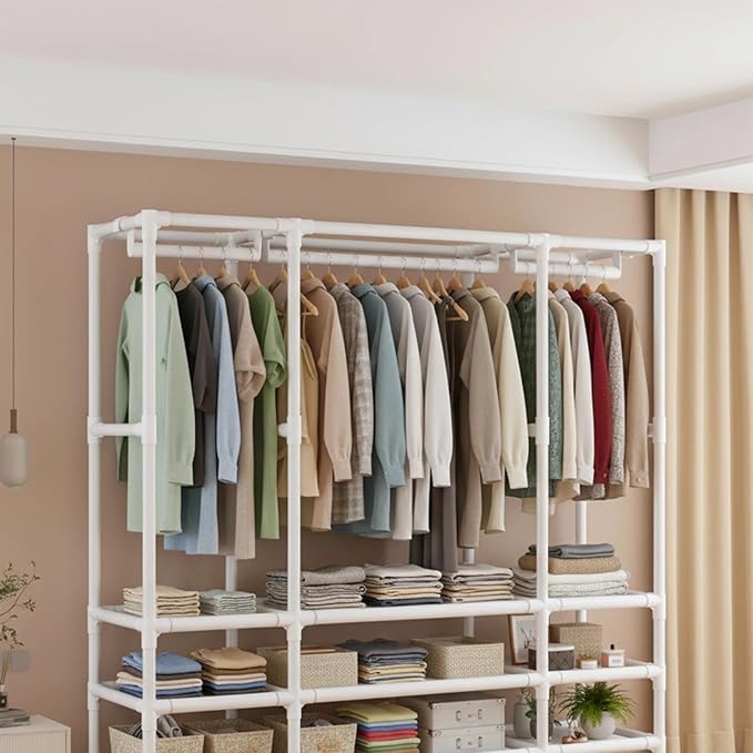 Portable Closet,Portable Closets for Hanging Clothes,Japanese Style Garment Rack with 1 Hanging Rods,2 Storage Shelves,27.5" L x 17.7" W x 65.1" H,White