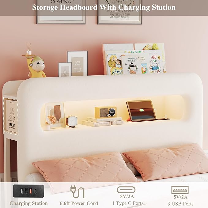 HOSTACK Queen LED Bed Frame with Storage Headboard and Charging Station, Kids Bed Frame with 4 Drawers and USB Ports, Velvet Upholstered Platform Bed Frame with Bookcase, No Box Spring Needed, Cream