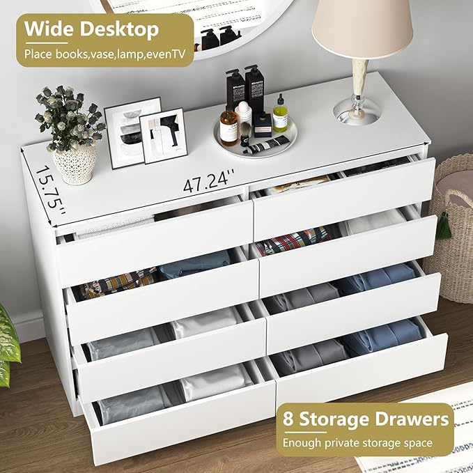 White Dresser for Bedroom,Modern Large 8 Drawer Dresser with Deep Drawer,Wide Storage Chest of Drawer for Closet, Bedroom Storage Furniture,TV Stand for Living Room