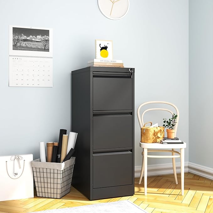 File Cabinet, Vertical File Cabinets with Lock for Home Office,Heavy Duty Office Steel Filing Cabinet for Hanging Letters/Legal/A4, Assembly Required (Black, 3 Drawers)