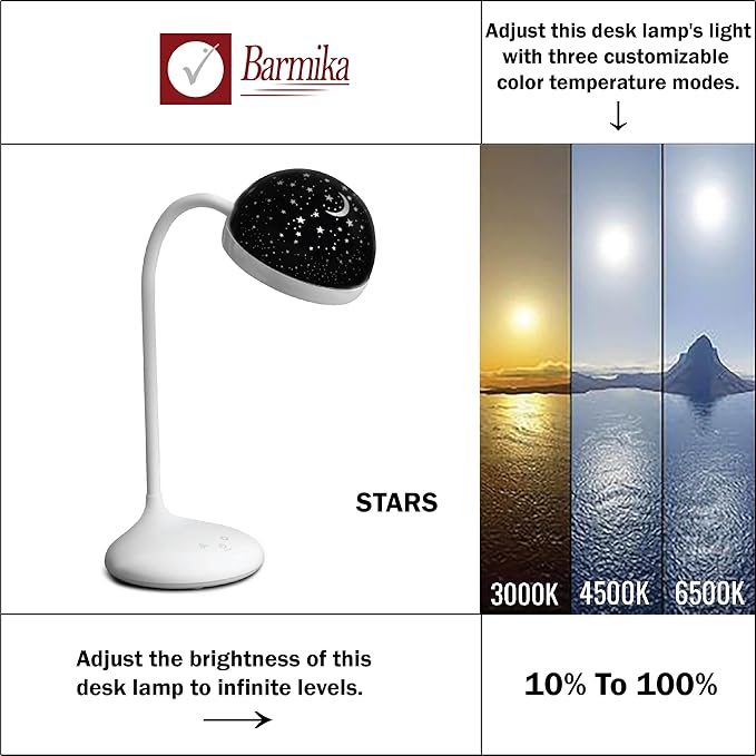 Cute Desk Lamp for Kids, Dimmable, Bright LED Study Light for Desk, Bedside Lamp with Star Projector Night Light for Kids Room Decor, Back to School Supplies, Funny Gift for Boys, Girls, Teens, White