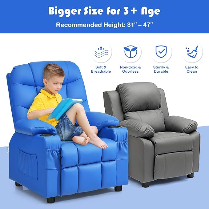 Kids Recliner, Kids Recliner Chair w/ 2 Cup Holders, PU Leather Kids Chairs Compy w/Adjustable Backrest & 3 Pockets, Toddler Furniture Sofa for Boys Girls Aged 3+ (Blue)