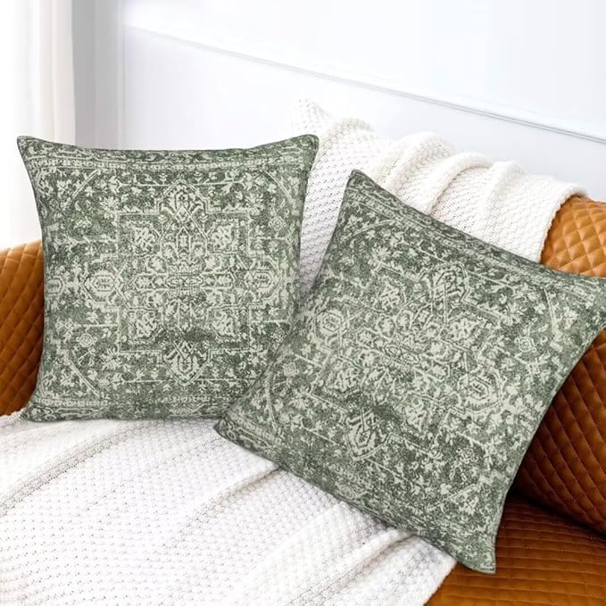 Sage Green Boho Pillow Covers 22 x 22 Inch Set of 2, Bohemian Carpet Pattern Decorative Throw Pillows Ethnic Vintage Farmhouse Pillow Cases Linen Gifts for Couch Sofa Outdoor Decor