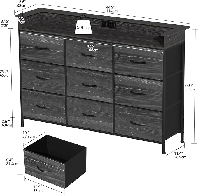 EXOTICA Black Dresser with Charging Station 9 Drawers Dresser with LED Light and USB Ports Fabric Dressers for Bedroom Hallway Entryway Closets Sturdy Steel Frame Wood Top