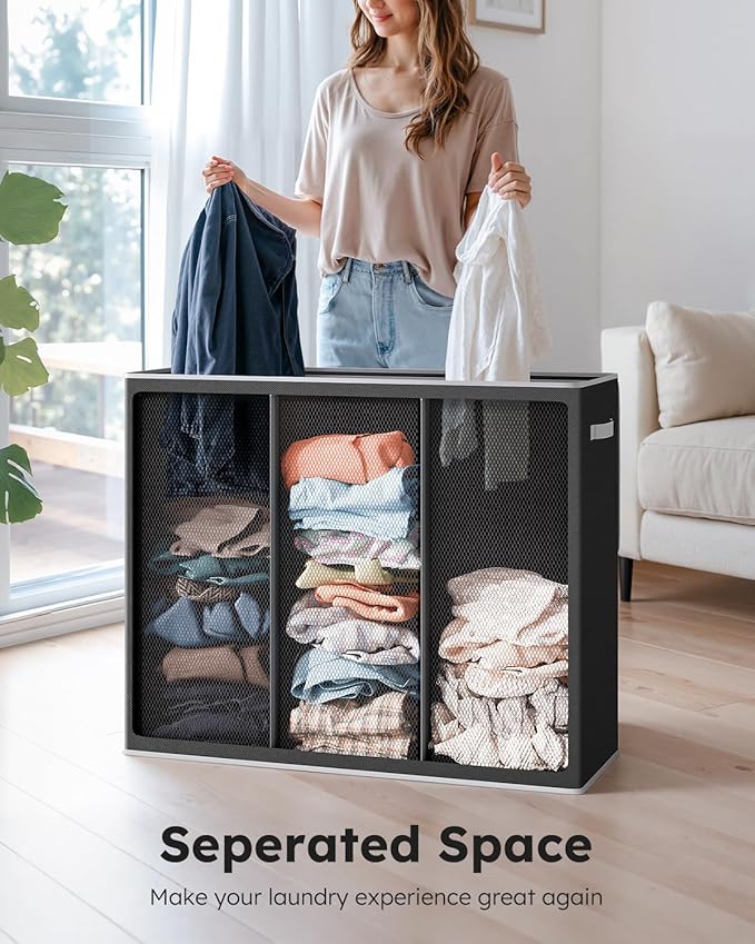 SOLEDI 160L Laundry Hamper 3 Section, Extra Large Laundry Hamper with Lid, Dirty Clothes Hamper with Sturdy Handle, Large Laundry Basket Organizer for Laundry Room, Bedroom, Hampers for Laundry