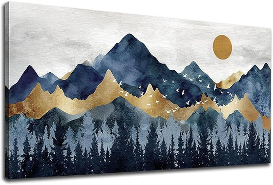 Abstract Nordic Canvas Wall Art - Indigo Blue and Brown Mountain Forest Picture Wall Decor Sun Birds Canvas Painting Nature Landscape Prints Artwork for Living Room Bedroom Decoration 24" x 48"