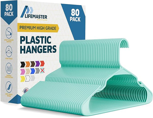 Plastic Clothes Hangers – Heavy Duty Hanger Set, for Organizing Clothes, Dresses, and Coat, Holds Up to 5 lbs, Space-Saving Hangers with Non-Slip Shoulder Grooves, Pack of 80, Aqua