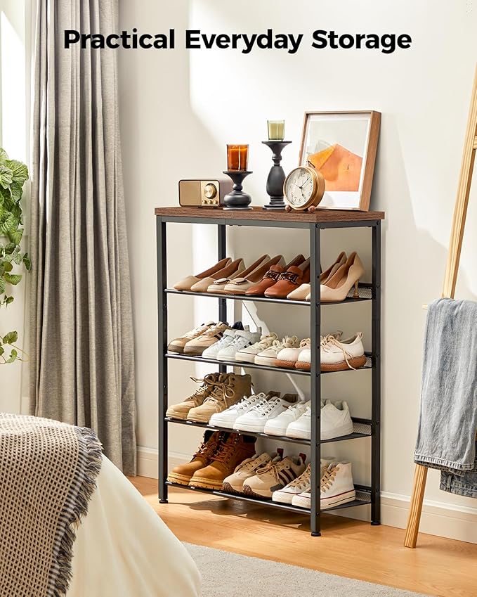 Pipishell 5-Tier Shoe Rack for Entryway and Small Spaces with Wooden Top & Metal Frames, Shoe Storage Organizer with Adjustable Storage Shelves, PISRB4