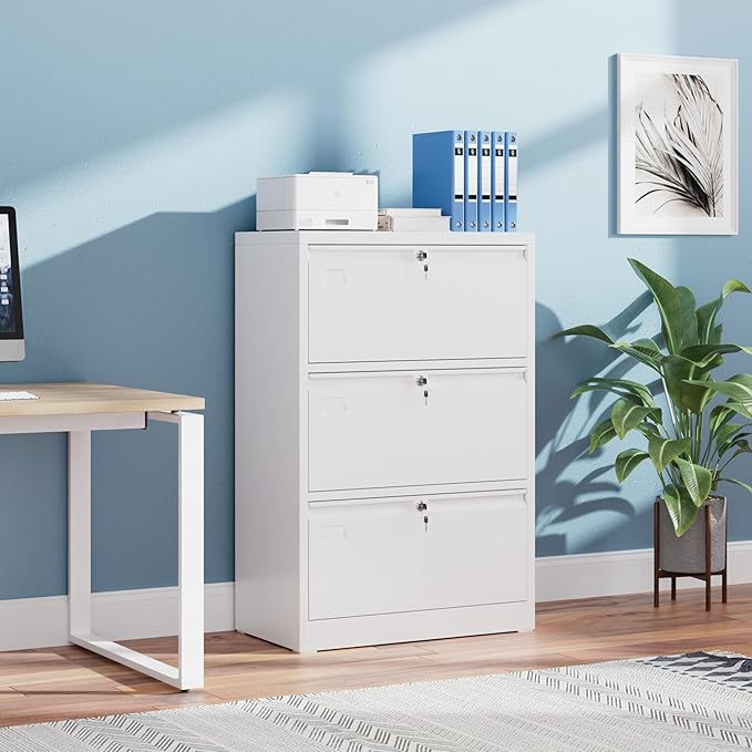 3 Drawer Lateral File Cabinet, Metal Wide Filing Cabinet with Independent Locks, Home Office Furniture for Hanging Files Letter/Legal/F4/A4 Size, Assembly Required, White