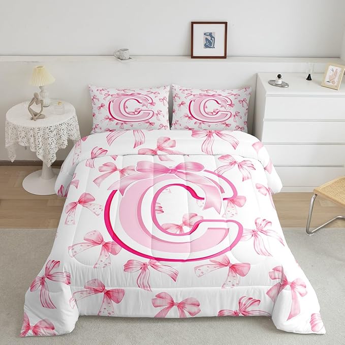 jejeloiu Kids Girls Cute Pink Bow Comforter Set King Size Coquette Bow Knot Bedding Set Ultra Soft Personalized Initial C Duvet Quilt Monogrammed Quilt Set Room Decor Modern Fashion Comforter