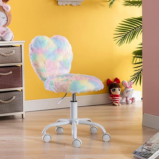 Cute Fuzzy Kids Chair for Teenage Girls Rolling Study Desk Student Chair Furry Computer Task Chair, Adjustable Heart Shaped Reading Vanity Chair for Bedroom, Various