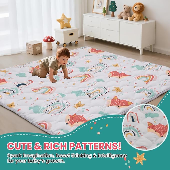 Baby Play Mat for Floor,50x50 Inch Soft Padding Crawling Mat for Playpen, Foldable and Machine Washable, Thick for Babies & Toddlers,Rainbow Fox