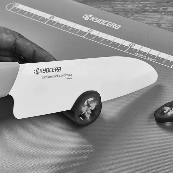 Kyocera’s Revolution Series 5.5” Ceramic Santoku Knife, Chef Knife For Your Cooking Needs, Yellow Handle, White Blade