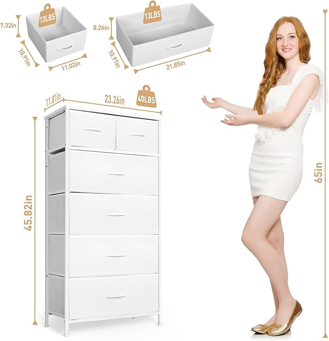 Tall Dresser for Bedroom, Vertical Storage Organizer Tower with 6 Drawers, Chest of Drawers with Fabric Bins, Steel Frame, Wood Top for Bedroom, Closet, Entryway- White