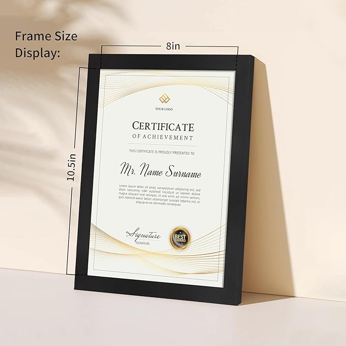 8.5x11 Picture Frame set of 8, Multi Certificate 8.5 by 11 Picture Frames Bulk, Document Diploma Award Frame for Wall Hanging or Tabletop Display, Black