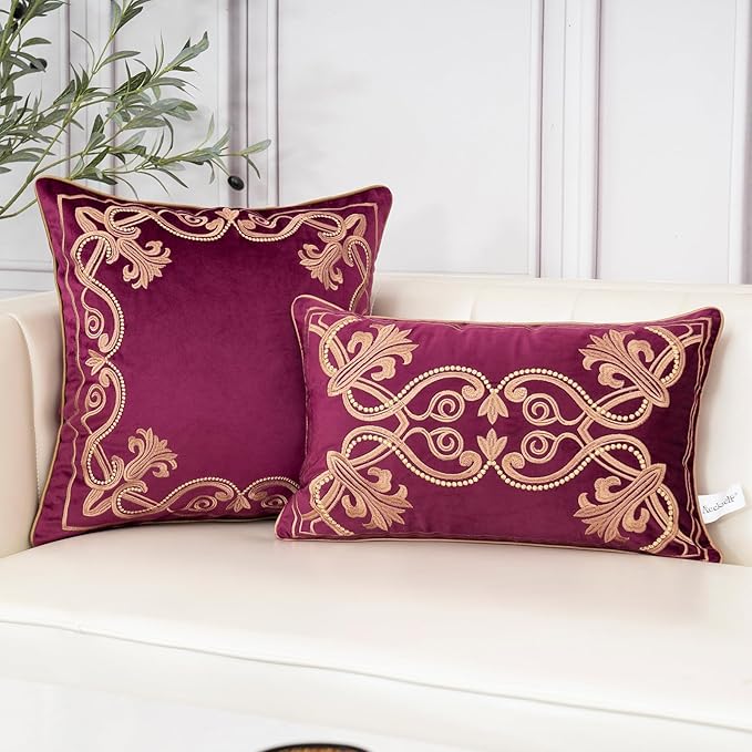Aeckself Floral Pillow Cover 12x20 Inch, Luxury Velvet Embroidered Decorative Lumbar Throw Pillow Cover for Couch Bedroom Living Room, Burgundy Red and Gold, Yw-OBYG-Red3050
