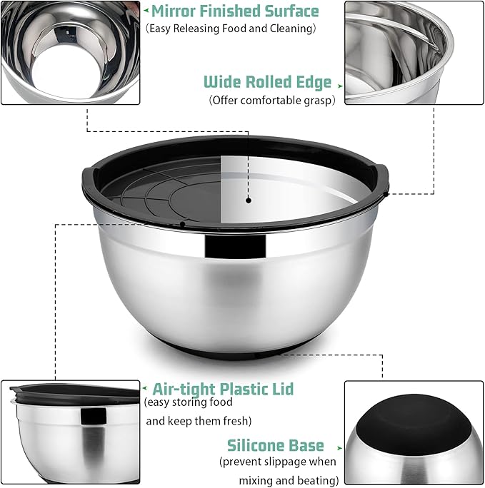 P&P CHEF Mixing Bowls with Lids Set of 5, Stainless Steel Nesting Salad Bowl with Lid & Base for Non-slip Mixing Prepping Storing Serving, 5 Sizes-7/3.5/2.5/1.5/1 QT, Black