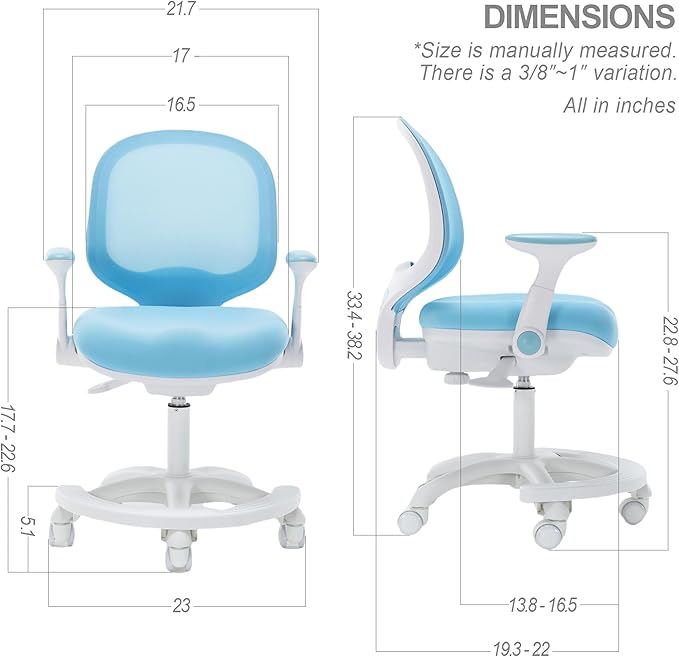 Kids Desk Chair, Boy's Girl's Child Children Study Office Computer Chair, Ergonomic Design, Adjustable Height and Seat Depth (Grey) (Sky Blue W/Armrests and Footrest)