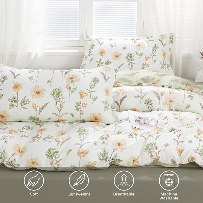 SAPHREAS Floral Duvet Cover Set Queen Size 3pcs Yellow Flower Green Leaf Botanical White Bedding Comforter Cover Set 100% Cotton 1 Duvet Cover 90"x90" 2 Pillow Shams, Comforter Not Included