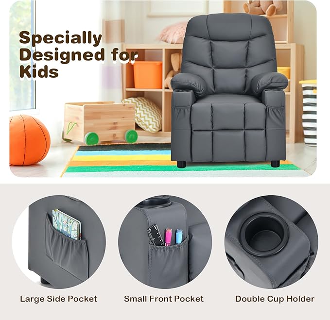 Kids Recliner, Kids Recliner Chair w/ 2 Cup Holders, PU Leather Kids Chairs Compy w/Adjustable Backrest & 3 Pockets, Toddler Furniture Sofa for Boys Girls Aged 3+ (Grey)