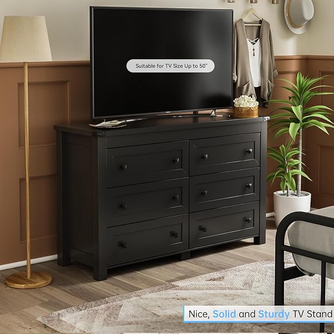 Black Dresser for Bedroom with 6 Drawers, Modern Chest of Drawers, Wood Dressers Bedroom Furniture Wide Storage Organizer, 6 Drawer Dresser for Closet, Living Room, Hallway