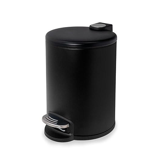ACENTO 1.3 Gal Round Bathroom Trash Can with Lid – Stainless Steel Small Trashcan with Soft Close Pedal & Removable Liner – Compact Waste Bin for Bathroom, Bedroom, Dorm, Office – Matte Black