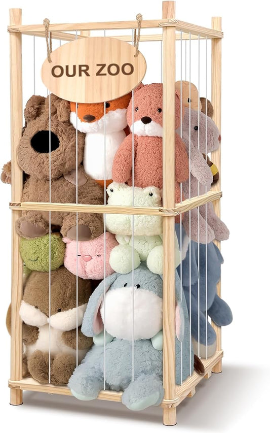 Stuffed Animal Storage Organizer - Thick Wooden Toy Zoo for Playroom & Bedroom (Medium)