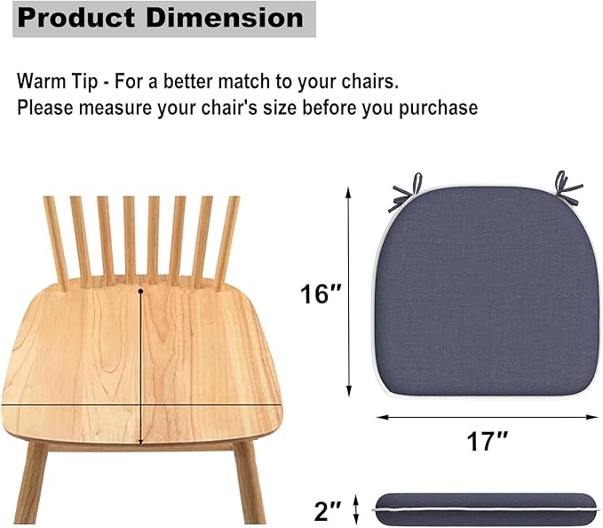 Set of 2 Outdoor Chair Cushions with Ties,Water Repellent Patio Chair Pads 17"x 16" for Outdoor Furniture,Round Corner Seat Cushions for Garden Yard Kitchen Textured Navy