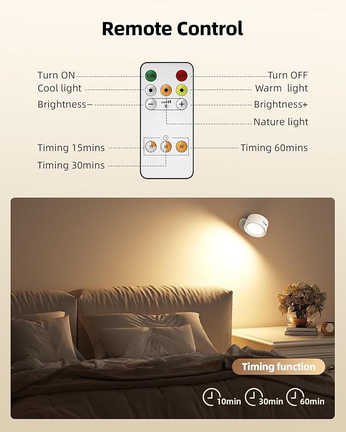 LED Wall Mounted Lights, Rechargeable Wall Sconces Lamp, 3 Color Temps & Remote and Touch, 360°Rotation Dimmable Cordless Wall Light for Study Bedroom Reading Bedside(White, 1 Pack)