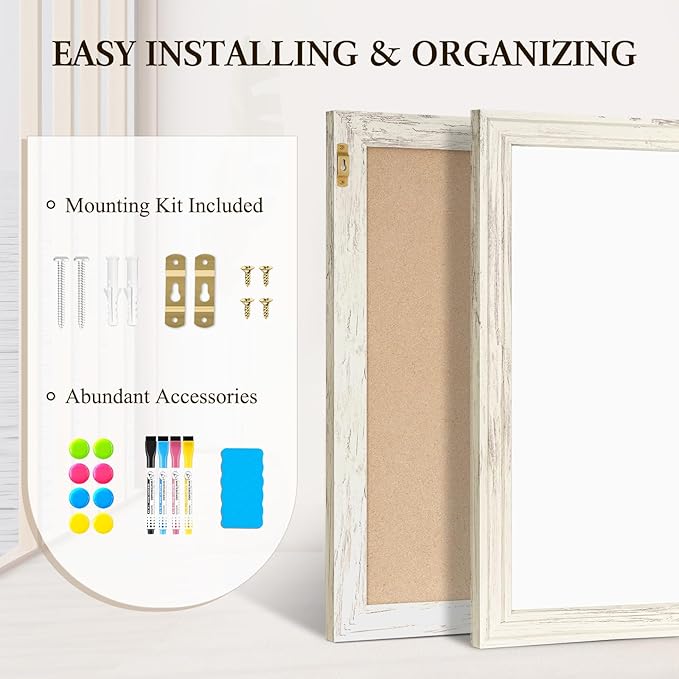 4 THOUGHT Dry Erase Board, 18 x 24 in Magnetic Whiteboard White Vintage Wood Frame Wall-Mounted White Board Decorative Notice Board for School, Office, Home, 6 Magnets 4 Markers 1 Eraser