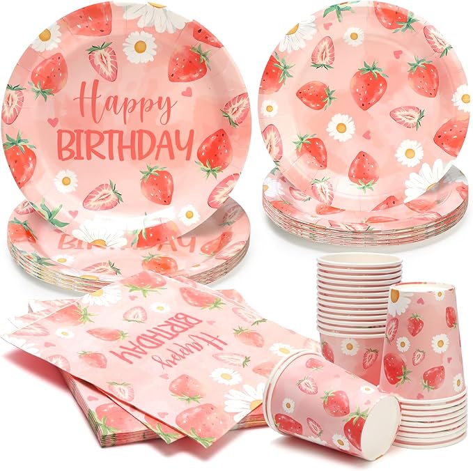 96pcs Kids Birthday Party Disposable Tableware Set Pink Strawberry Pattern for 24 Guests Party Supplies Round Plates（Include Plates, Cups and Napkins）