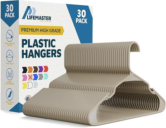 Plastic Clothes Hangers – Heavy Duty Hanger Set, for Organizing Clothes, Dresses, and Coat, Holds Up to 5 lbs, Space-Saving Hangers with Non-Slip Shoulder Grooves, Pack of 30, Ivory