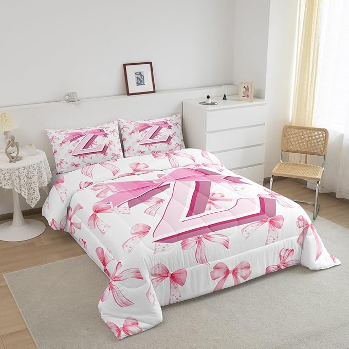 jejeloiu Kids Girls Cute Pink Bow Comforter Set Full Size Monogrammed Bedding Set Ultra Soft Personalized Initial Z Duvet Quilt Coquette Bow Knot Quilt Set Room Decor Modern Fashion Comforter