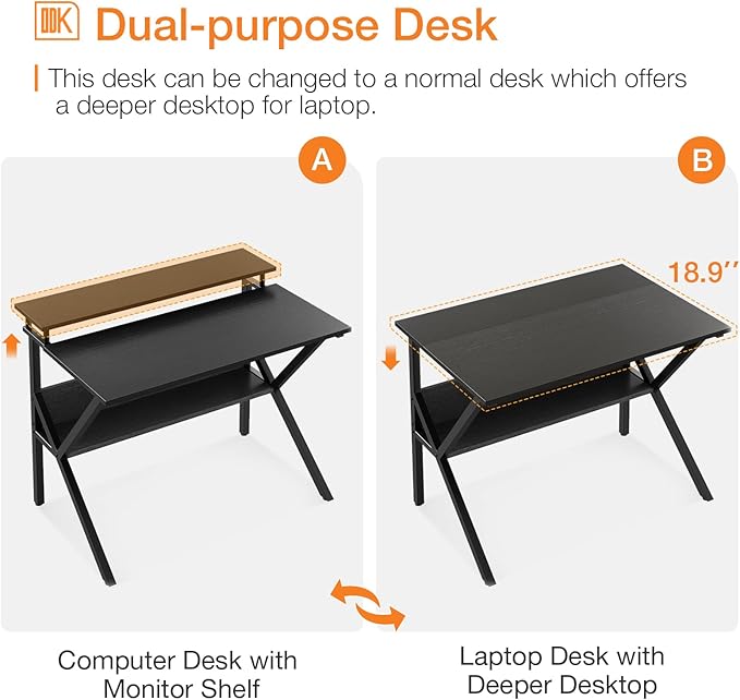 ODK Small Desk, 27.5 Inch Computer Desk for Small Spaces, Compact Desk with Storage, Study Table with Monitor Stand for Home Office, Black