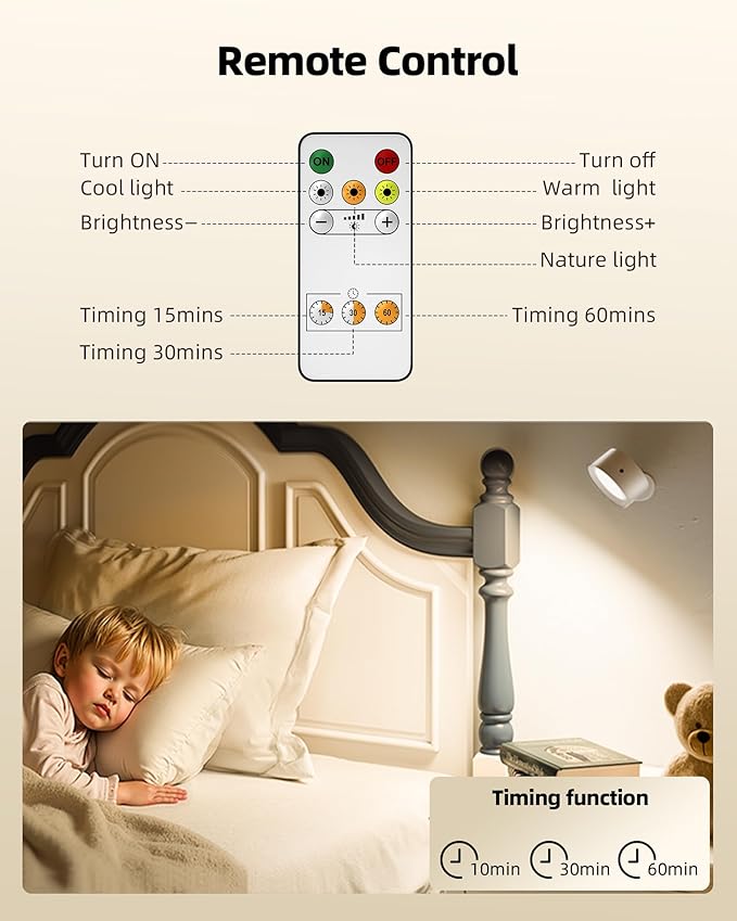 LED Wall Mounted Lights, Rechargeable Wall Sconces with Remote & Touch Control, 3 Color Temperatures 360° Rotation Dimmable Cordless Wall Light for Bedroom Study Reading Bedside (White, 3 Pack)
