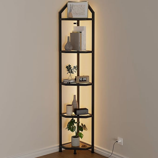 70 Inch Corner Shelf with LED Lights, 5-Tier Corner Bookshelf for Small Spaces, Glass & Metal Storage Rack for Bedroom, Living Room, Office - Modern Space Saving Design- Black