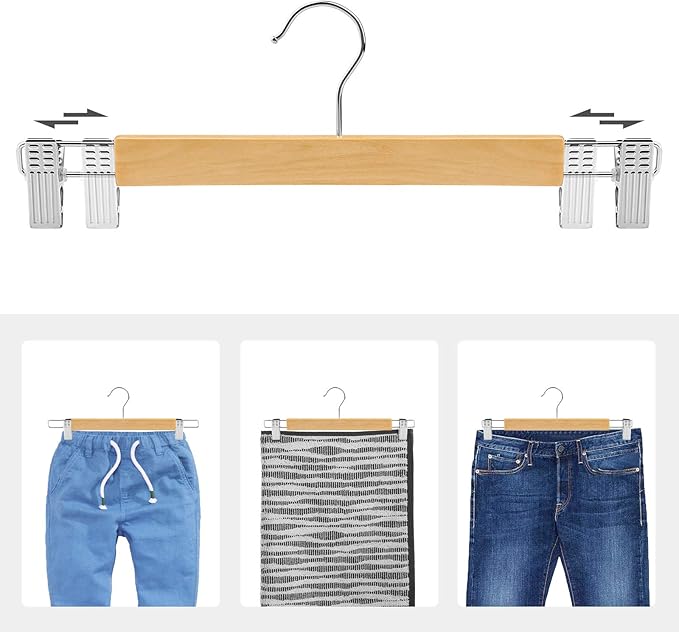 SONGMICS Wooden Pants Hangers 12 Pack, Pants Hangers with Clips, Adjustable Anti-Rust Metal Clips, 360° Swivel Hook, Skirt Hangers for Pant, Skirts, Natural Grain UCRW008-12