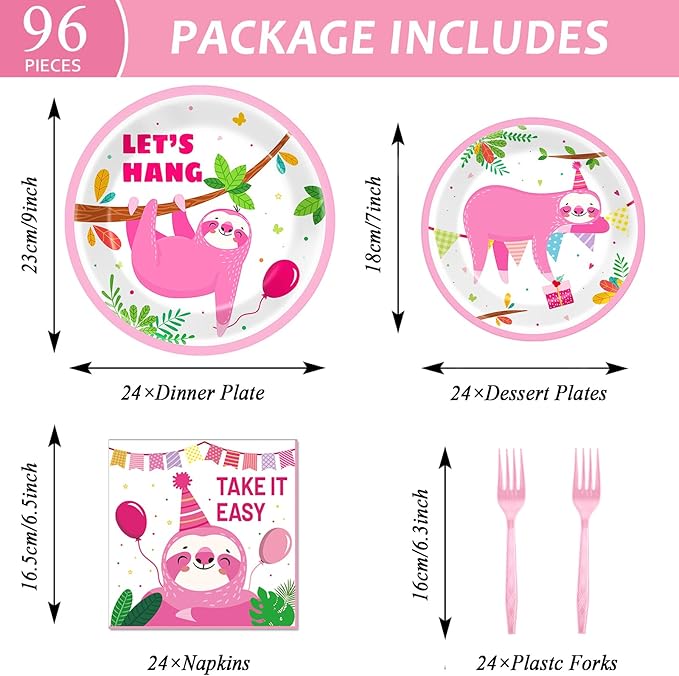 Wiooffen 96 Pcs Sloth Animal Party Plates Napkins Tableware Set Pink Sloth Themed Decoration Favors for Baby Shower Birthday Party, 24 Guests