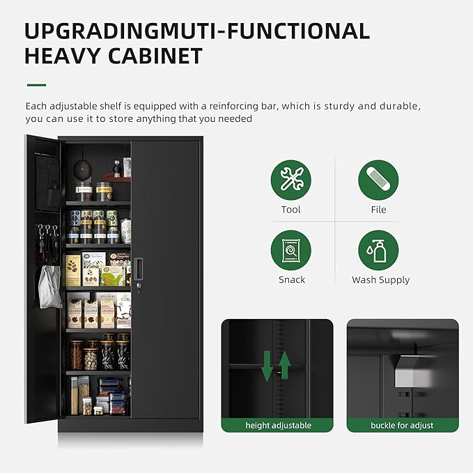 Greenvelly Metal Garage Storage Cabinet with Pegboard, 72" Locking Storage Cabinet with Doors and 4 Adjustable Shelves for Home Office,Garage,Kitchen,School,File (Black)