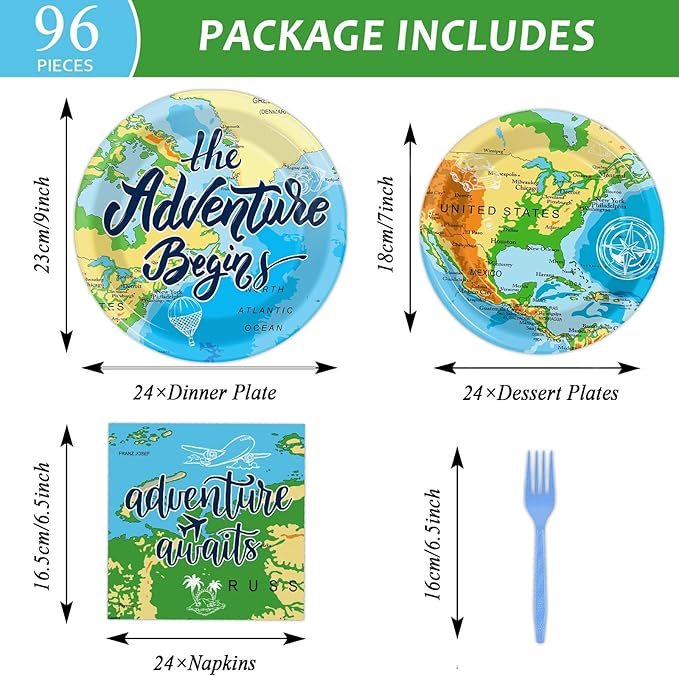 Wiooffen Adventure Awaits 96 Pcs Travel Map Party Supplies - 24 Guests - Blue, Word Map Plates, Napkins, Forks - Birthday Party Decoration